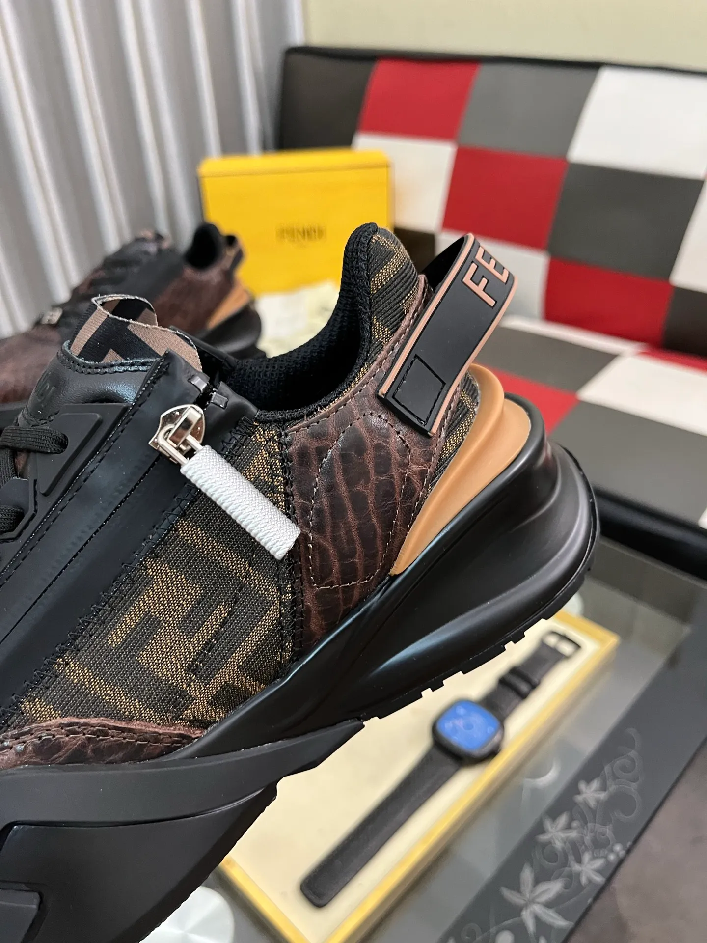 Men's shoes 💰620⌚️⌚️ FEND* — Fendi Flow men's casual sneakers, with elastic straps, side zippers, and corrugated soles engraved with F. Embossed Fendi Flow lettering on the heel. Made of technical fabric and a mix of blue and genuine leather. Decorated with Lycra® details. FF graphic tongue. Ultra-light and wear-resistant EVA sole. Code number: 38-44